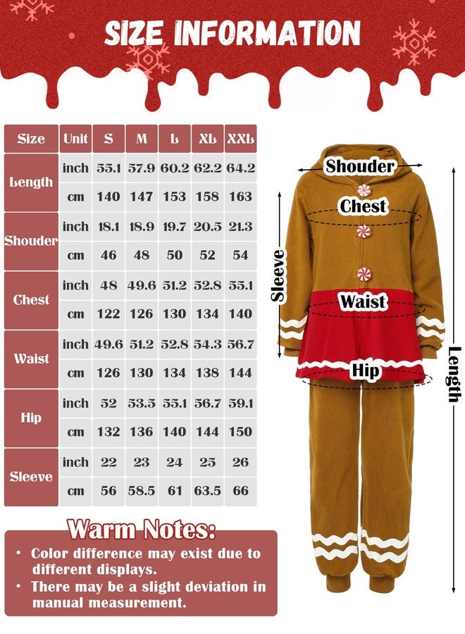 SOMSOC Women Gingerbread Onesie Pajamas Adult Christmas One-Piece Flannel Jumpsuit Gingerbread Hooded Sleepwear Homewear - Image 2